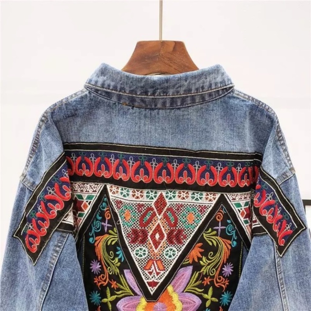 SOLD OUT Boho Floral Embroidered Oversized Denim Jacket - Picture 3 of 7